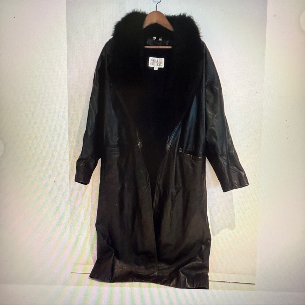 Pelle Studio Woman Black Leather with removeable Sheepskin Collar Maxi Coat Sz L
